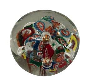 Vintage Glass Paperweight Rainbow Millefiori Art Glass Domed Ball 2" x 2.5"