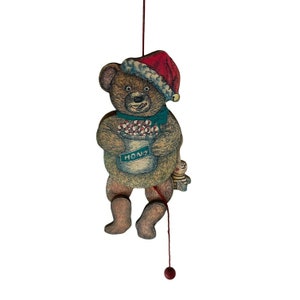 Vintage Handmade Wooden Bear Marionette Puppet With Moveable Bee Christmas