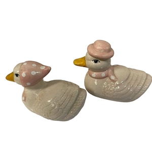 Two Duckling Figurine wearing Pink Bonnet and Polka Dots Scarf Porcelain White