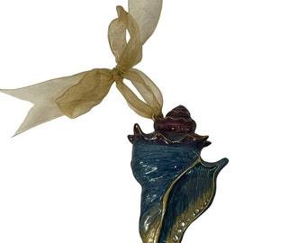 Handmade Glazed Ceramic Shell Dish Ornament Blue Gold Plated