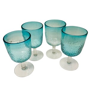 Vintage Glass Water Wine Teal Set Hand Blown  4 Size 8&quot; 1.5 x 3 3/8&quot;