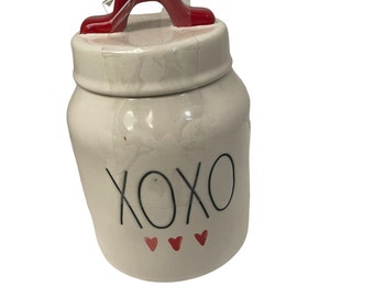 RAE DUNN XOXO 3 Hearts Canister White Artisan Collection Red Handle Lidded 7"