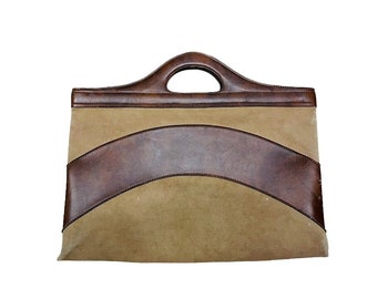 Vintage Hand Suede Bag Tan and Brown Suede Leather Cut Out Neutral Toned 17" x 9 1/2"