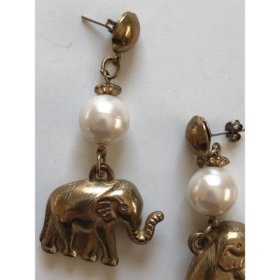 Dangling Elephant Earrings Pierced Gold Tone with… - image 2