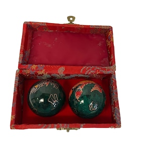 Vintage Chinese Asian Stress Therapy Chiming Cloisonne Ball Dragon Print Set of 2