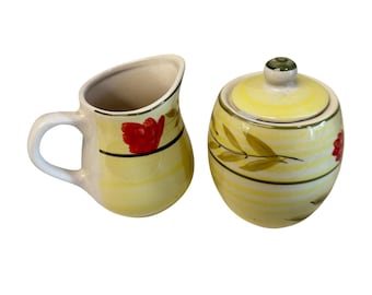 Creamer and Sugar Bowl Set Unisex OS Yellow Red Floral Hand Painted