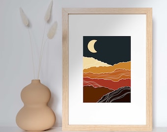 Minimalist Mountain Digital Download Print, Printable Boho Mid Century Modern Orange and Blue Landscape Wall Art
