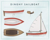 10x8 Blueprint Art Dinghy Sailboat Original Illustration Poster Print