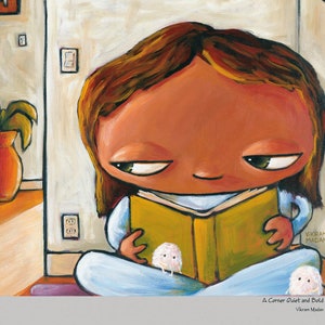May include: A painting of a young person sitting on the floor reading a book. The person has brown hair and is wearing a blue shirt. There are two small white fluffy animals on the floor next to the person. The painting is in a room with a white wall and a window. The painting is signed "Vikram Madan" in the bottom right corner. The text "A Corner Quiet and Bold" is also included in the painting.