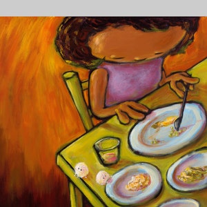 May include: A painting of a child sitting at a table with a plate of food and a glass of juice. The child is wearing a purple shirt and has brown hair. The table is yellow and there are several empty plates on it. The painting is titled "The Altar of Empty Offerings" by Vikram Madan.