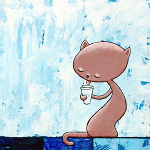 May include: A cartoon cat with brown fur and closed eyes is sitting on a blue and white background. The cat is holding a white paper cup with a brown lid and a red straw. The cat's tongue is sticking out and it appears to be enjoying the drink.