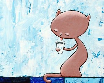 Coffee Cat, in Blue - Fun Print