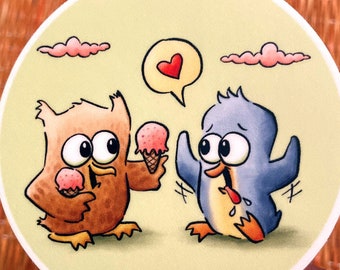 Owl and Penguin Ice Cream Love - Fun Vinyl Sticker