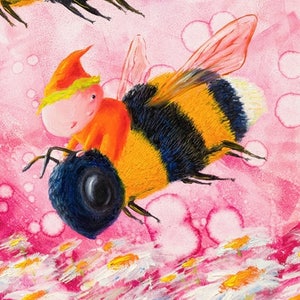 Könnte beinhalten: Zwei kleine Figuren mit orangefarbenen Hüten reiten auf Hummeln, die über einem Feld mit weißen Blumen auf rosa Hintergrund fliegen. Der Text "The Great Escape" und "Vikram Madan" befindet sich am unteren Rand des Bildes.