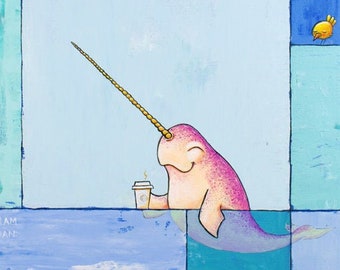 Tranquility, in Blue and Teal - Fun Meditative Narwhal Coffee Tea Print