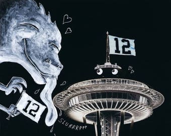 12th Fans - Seahawks, Space Needle, Godzilla Fun Print