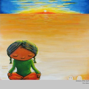 May include: A painting of a young girl meditating with her eyes closed, sitting on a beach with a sunset in the background. The painting is titled "Horizons of My Heart" by Vikram Madan.