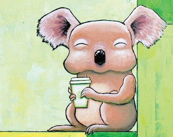 Self Care, in Green and Yellow - Fun Peaceful Meditative Koala Coffee Tea Print