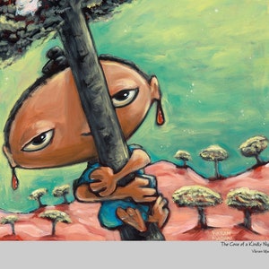 May include: A painting of a person with brown skin and large eyes, holding onto a tree trunk. The person is wearing a blue shirt and has red drops of paint on their ears. The background is a green and yellow sky with white clouds and a pink landscape with trees.