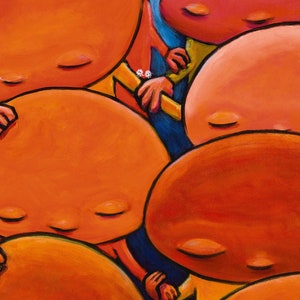 May include: A painting of a group of orange figures with closed eyes, appearing to be huddled together for comfort. The figures are painted in a cartoon style with simple features. The painting is titled "The Silent Comfort of the Flock" by Vikram Madan.