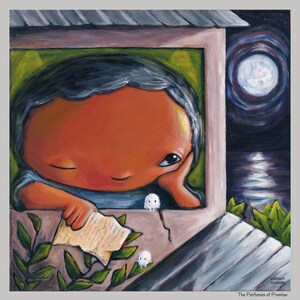 May include: A painting of a person looking out a window at a moonlit night. The person is holding a piece of paper and there are two small white figures in the window. The painting is titled "The Perfumes of Promise" by Vikram Madan.