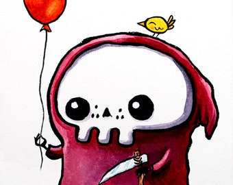 Original Art - Lil' Reaper Painting - "The Orange Balloon" - One of a kind - Free Shipping