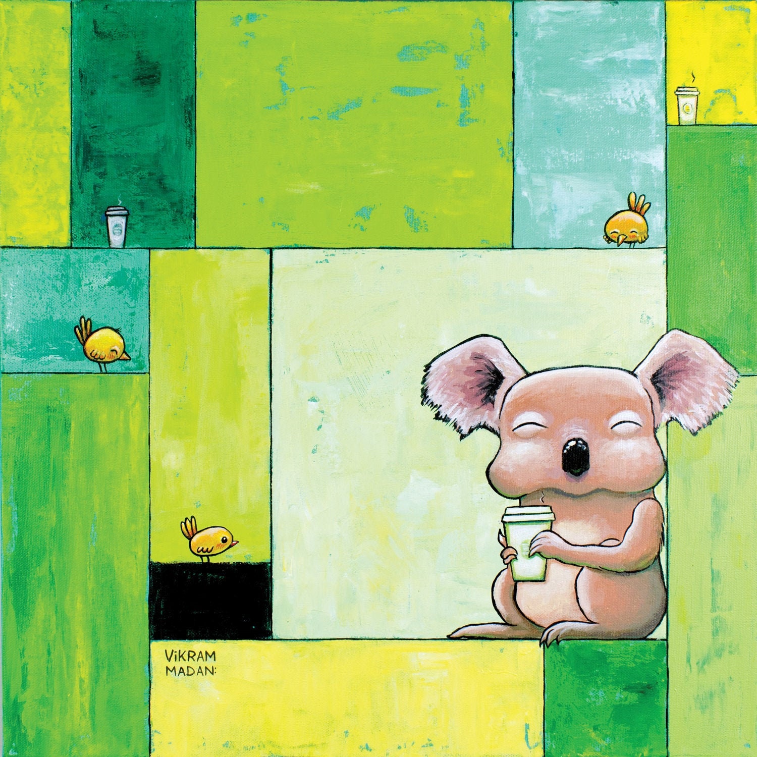 Self Care, in Green and Yellow - Fun Peaceful Meditative Koala Coffee Tea Print
