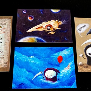 Lot de 4 mini-impressions de cartes postales Lil' Grim Reaper à envoyer, exposer et offrir en cadeau