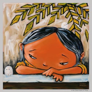 May include: An illustration of a child with orange skin and black hair, resting their head on a surface. A small white creature sits on the child's head, and another is to the left. Green and yellow leaves are above. The text "In the Silent Heart of Things" is at the bottom.