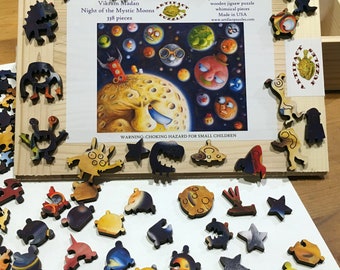 Artist-Signed Fun Jigsaw Puzzle 'Night of the Moons' - Laser-Cut Wood High Quality Space-themed Whimsies