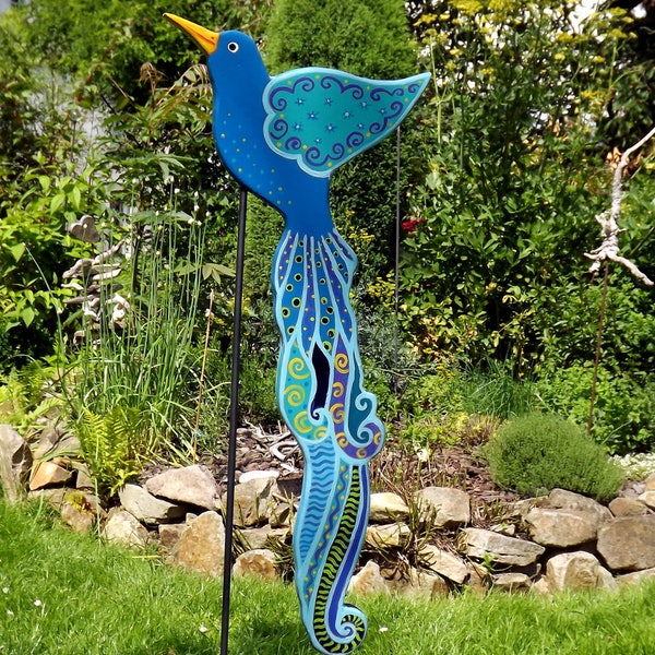 Pflanzen- und Gartenstecker 67 cm,  Paradiesvogel blau, Holz handbemalt, wetterfest, Designer-Gartenstecker, Beetsteckere, Gartendeko