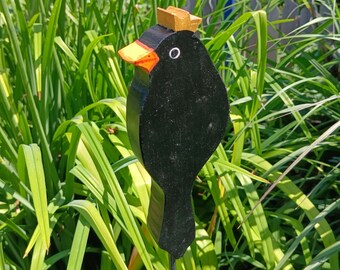 Outdoor Gartendekoration Gartenstecker schwarzer Vogel mit Krone, Massivholz, wetterfest lackiert