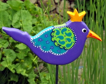 Gartenkunst, Garten Dekoration,  Gartenstecker Zaunkönig, Beetstecker, Rosenstab, Gartendeko bunt, Vogel Garten, garden art,