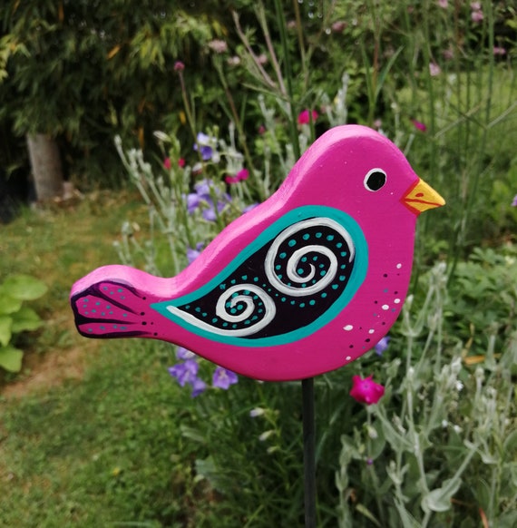 Garten Deko Aus Holz, Gartenstecker Pinker Vogel 