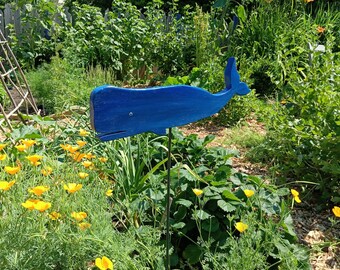 Massivholz Gartenstecker Walfisch blau, wetterfester Holz-Gartenstecker, Gartendekoration, Teichdeko