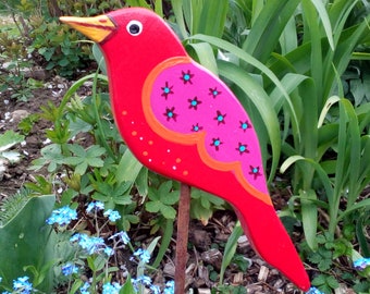 Gartendekoration - Kleiner roter Beetstecker Vogel aus Holz, handbemalt und wetterfest, Deko für Eingangsbereich, Balkon und Garten