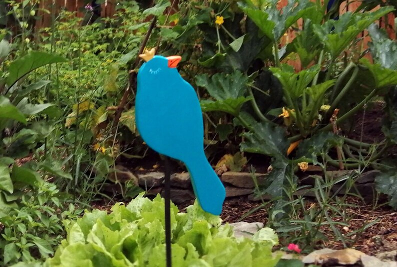 Outdoor Gartendekoration Gartenstecker türkiser Vogel mit Krone, Massivholz, wetterfest lackiert Bild 3