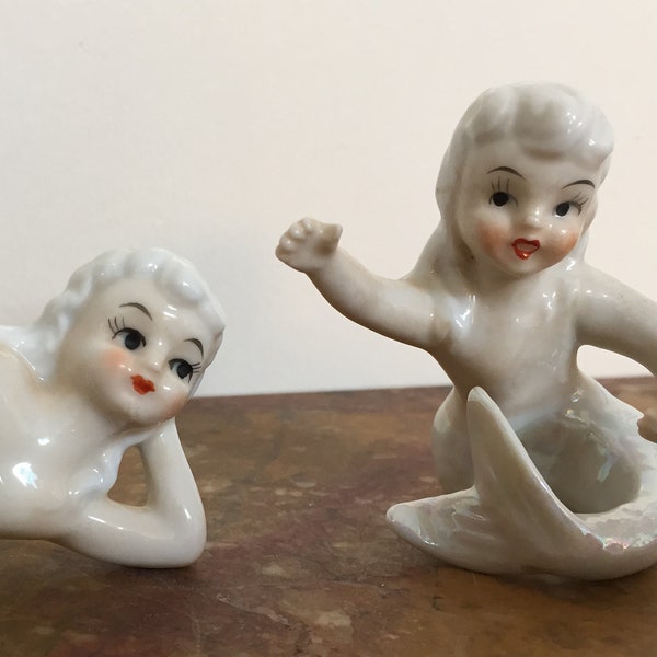 Vintage pair of mid-century ceramic mermaid candle huggers, iridescent white, collectible figurine, made in Japan