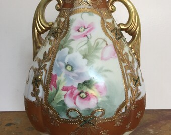 Antique Japanese Meiji era Nippon, hand painted, floral scene, moriage, applied gold, double handled, porcelain vase, Art Nouveau