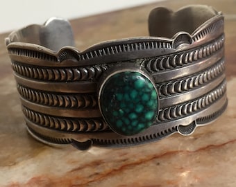 Vintage Navajo Delbert Delgarito sterling silver turquoise cuff bracelet, hand stamped, turquoise cabochon