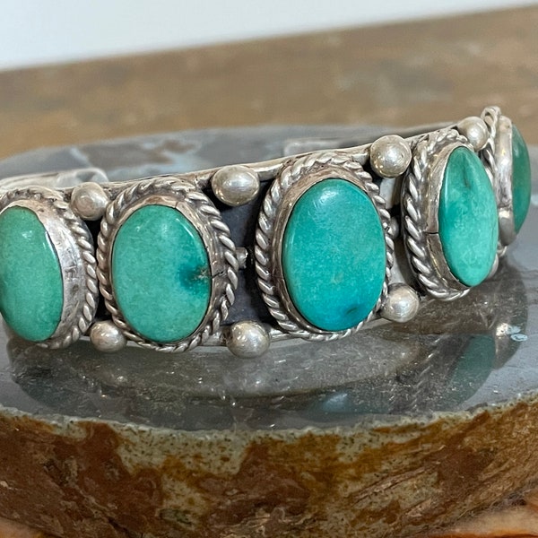 Vintage Native American sterling silver green turquoise cuff bracelet, Navajo jewelry, Fred Harvey era