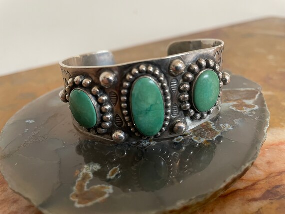Vintage Navajo sterling silver and green turquois… - image 2