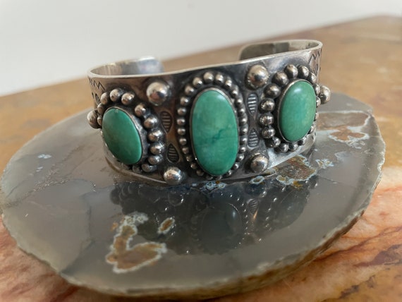 Vintage Navajo sterling silver and green turquois… - image 1