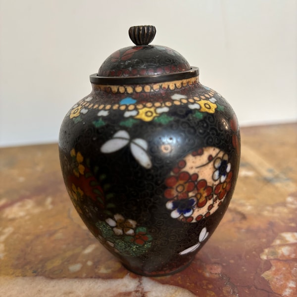 Vintage Japanese cloisonne lidded jar, butterflies and flowers, collectible Asian antique, decorative art object