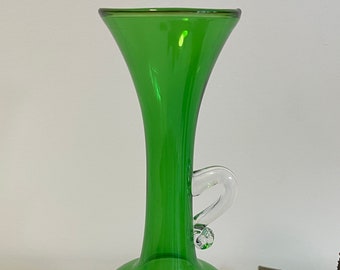 Mid-Century Emerald Green Glass Ewer Vase with Applied Clear Handle 20cm
