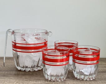Vintage MCM Red Striped Barware Set – Ice Bucket with Tongs & 3 Rocks Glasses (1960s)