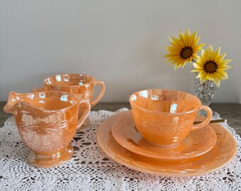 Vintage Fire-King Peach Lustre Laurel Leaf Trio Set with Creamer & Sugar