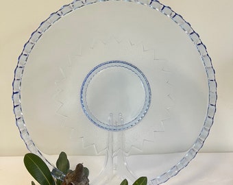 Czechoslovakia Pressed Glass Plate 30cm Blue Rim Zigzag Starburst Art Deco