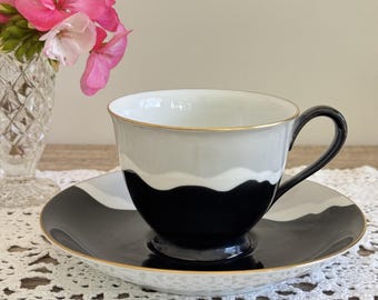 Mid Century Vintage Noritake Teacup and Saucer Duo - Black White and Grey Wave Pattern with Gold Trim - 1950s Japan