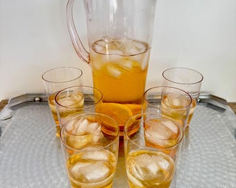 Pink Etched Glass Pitcher Set with 6 Tumblers Retro Cocktail Lemonade Barware Wheat Pattern